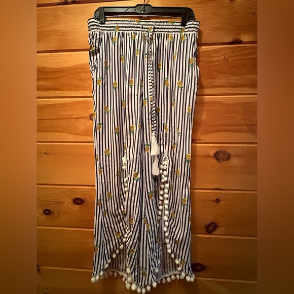 NWT Solitaire Swim Coverup Pants Pineapple and Stripes Pom Poms Drawstring Waist - Picture 3 of 12